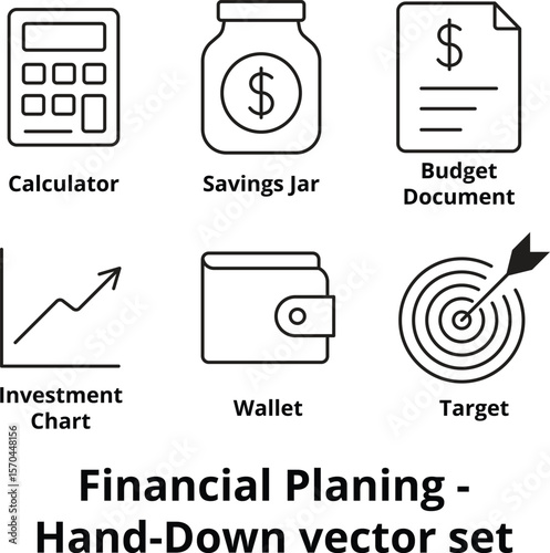 Financial Planing  vector icon sets- calculator, saving jar, budget document, investment chart, wallet, target, in the  set.
