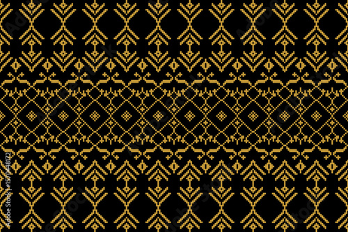 Luxury Gold Pixel Art on Black Background. Seamless Golden Thai Art Pattern. Ethnic Gold and Black Asian Pattern Design.