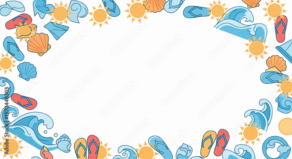 Fototapeta premium Happy summer text set vector icon with fun beach icon border of flip-flops, suns, and waves