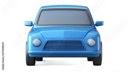 A front view illustration of a charming light blue cartoon car against a white background suitable for transportation and automotive concepts