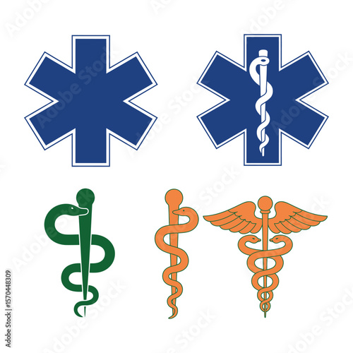 Medical international symbols set. Star of life, staff of Asclepius, caduceus, bowl with a snake Vector art illustration
