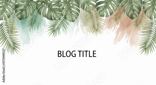 Happy summer text set vector icon with green tropical leaf border and editable blog title area
