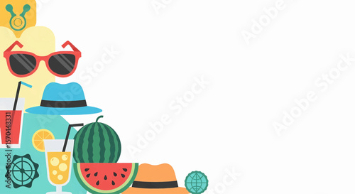 Happy summer text set vector icon with vacation icons including sunglasses, drink, and watermelon