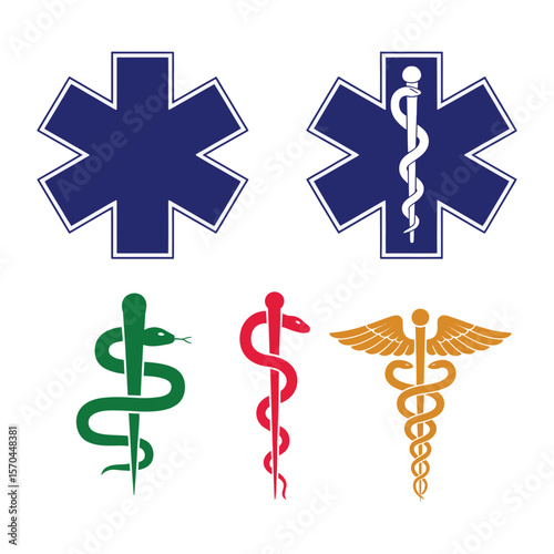 Medical international symbols set. Star of life, staff of Asclepius, caduceus, bowl with a snake Vector art illustration


