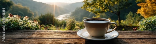 Daily quiet coffee with signature brew and mellow concept. Morning coffee on a wooden table by a serene landscape.