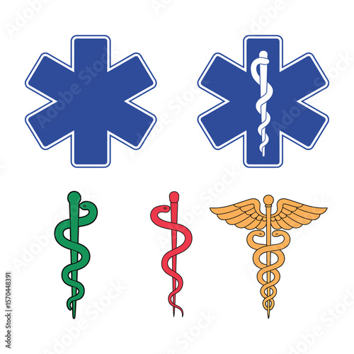Medical international symbols set. Star of life, staff of Asclepius, caduceus, bowl with a snake Vector art illustration
