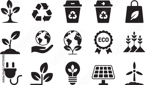 Ecology And Sustainability Line Icons.Transparent PNG available
Eco and sustainability icon set. Vector glyph pictograms of recycle, tree, solar panel, wind turbine, environment, renewable energy, and
