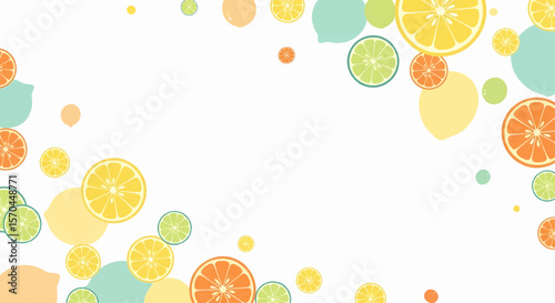 Happy summer text set vector icon with fruit slice confetti pattern including citrus and bubbles