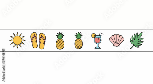 Happy summer text set vector icon with small horizontal icons of summer objects and tropical fruits