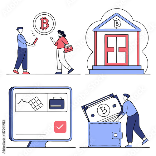 Illustrations showcasing bitcoin transactions, banking, monitoring, and wallet management in a modern style