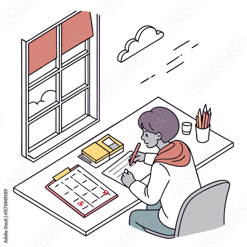 Isometric view of person writing at desk with calendar, pencils, window, and cloud illustration
