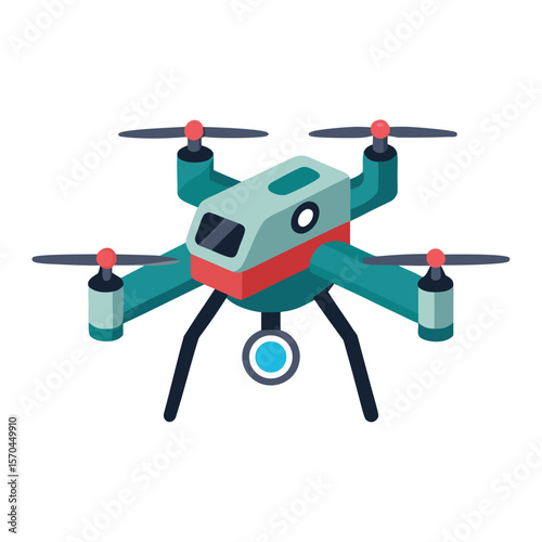 Modern quadcopter drone with camera and teal and red accents