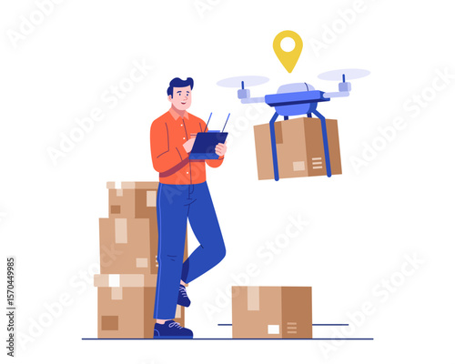 A courier operates a delivery drone using a remote control while standing near a stack of packages. Concept of drone shipping and smart futuristic logistics in a flat vector style