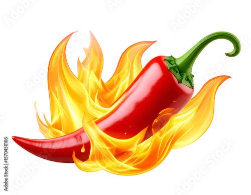Fiery chili pepper in flames with detailed textures, on transparent background