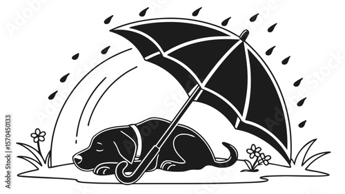 Dog Sleeping with Umbrella Silhouette � Soft Pet Pose for Gifts, Prints, and SVG Decor Files