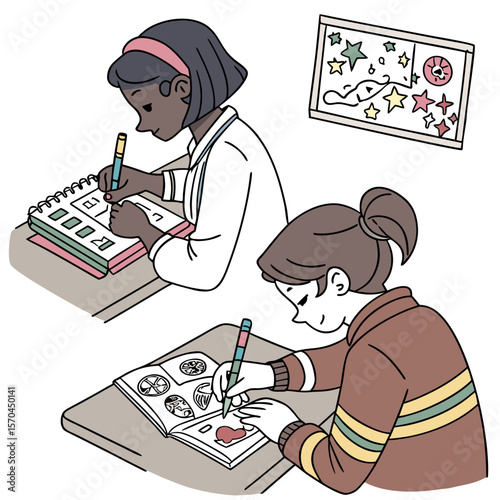 Two students drawing in their notebooks at desks with a picture on the wall in the background at school