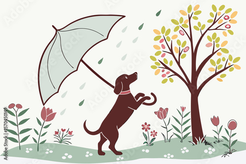Dog Sitting with Umbrella Silhouette � Emotional Pet Pose for Gifts, Prints, and SVG Decor Files