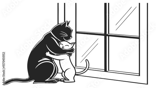 Kitten Hugging with Window Silhouette � Emotional Pet Pose for Gifts, Prints, and SVG Decor Files