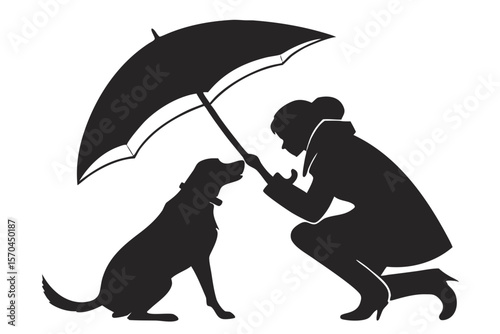 Pet and Owner Sharing Umbrella Silhouette � Rainy Day Dog & Human Pose for Love, Friendship & Emotional Merch Prints