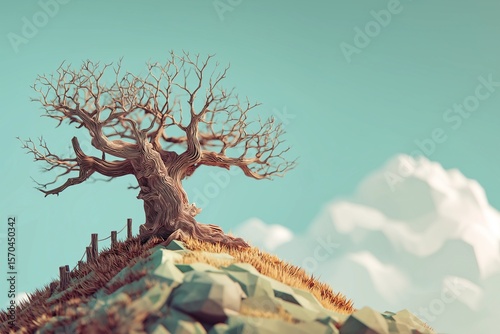 old dying tree on the hill by generative ai