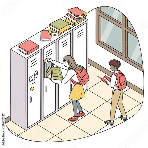 Isometric view of students at lockers with books and backpacks in a school hallway illustration style