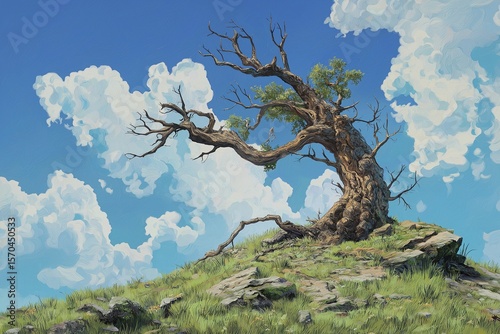 old dying tree on the hill by generative ai