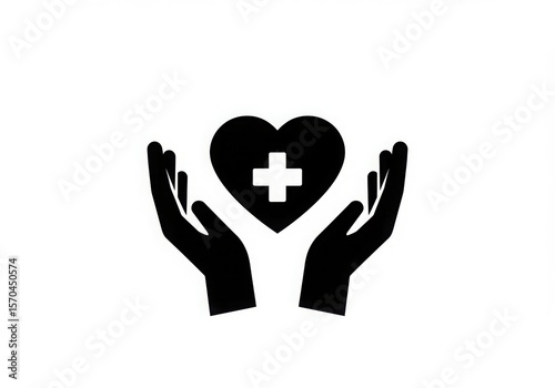 Caring hands holding a heart with a medical cross symbol