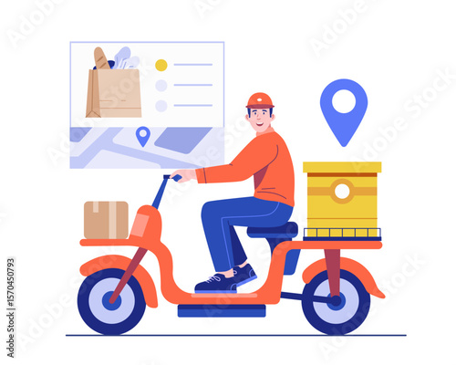 A male courier on a red scooter with a package box is delivering groceries and packages while following GPS navigation on a digital map. Illustration concept of fast delivery and live order tracking