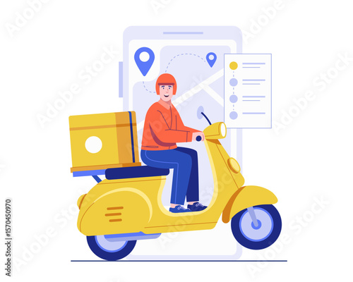 A delivery courier on a yellow scooter with a package box. The rider follows a digital route on a GPS map. Illustration concept of fast delivery, smart logistics, and on-time shipping service