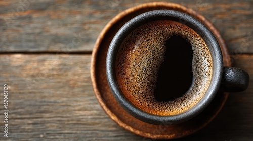 Daily quiet coffee with signature brew and mellow concept. Close-up of a steaming cup of coffee on a rustic wooden table.