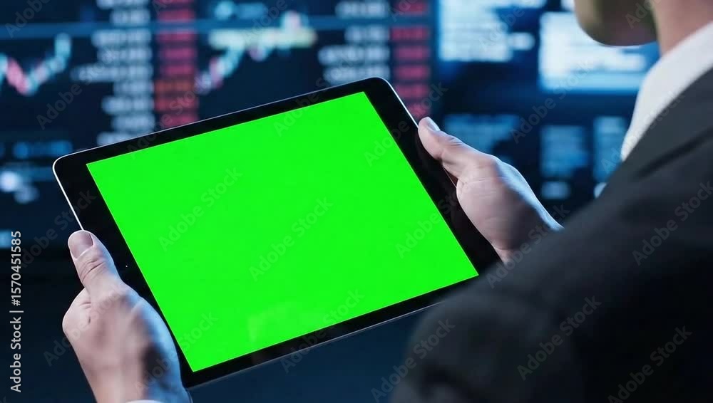 Tablet Green Screen Mockup - Financial Data Background, Business Chart Analysis, Stock Market