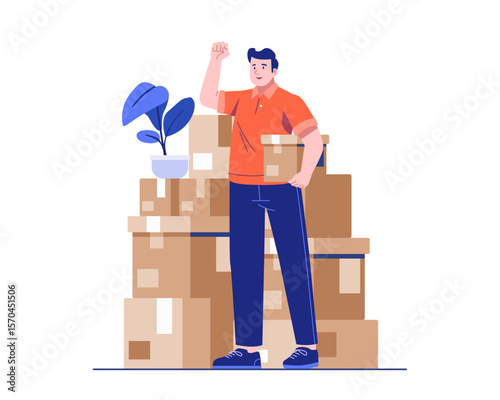 A male courier stands confidently with a raised fist in front of stacked cardboard boxes. Concept of warehouse delivery, logistics, and shipping service. Flat vector illustration