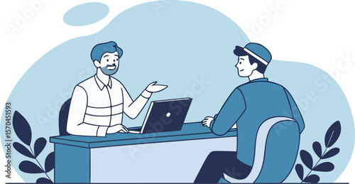 Two men in blue discussing business at a desk discussion meeting