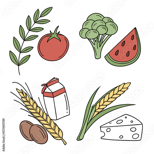 Assorted food items including vegetables grains dairy and fruit arranged on a white background drawing