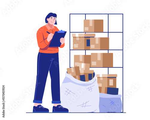A female logistics worker holding a clipboard checks the inventory of cardboard packages in a warehouse. Illustration concept of parcel tracking, stock management, and delivery service