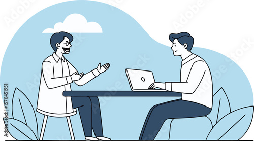 Two men talking at a desk with a laptop people discussion