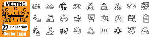 Collection of business meeting and collaboration vector icons on orange background