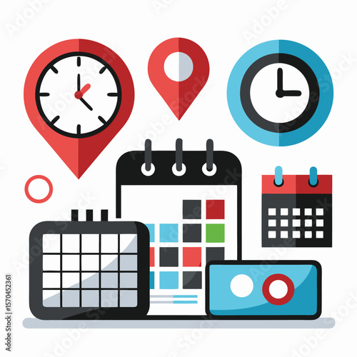 Collection of calendar and clock icons with location pins silhouette
