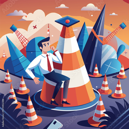 Man sitting on giant traffic cone surrounded by smaller cones and abstract shapes silhouette