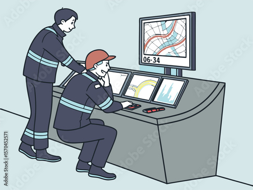 Two workers in uniform observing monitors at a control desk control room
