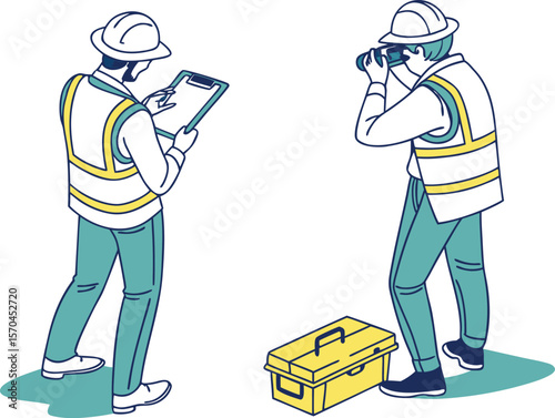 Two workers with safety gear and tools construction workers safety vests