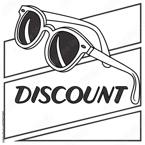 Illustration of sunglasses above the word discount framed by horizontal lines on a white background