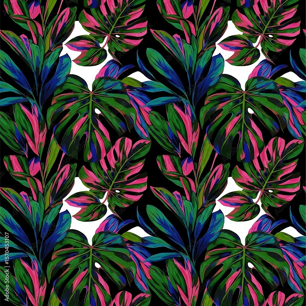 Fototapeta premium Colorful Tropical Leaf Pattern with Green Pink and Blue Leaves on Black Background