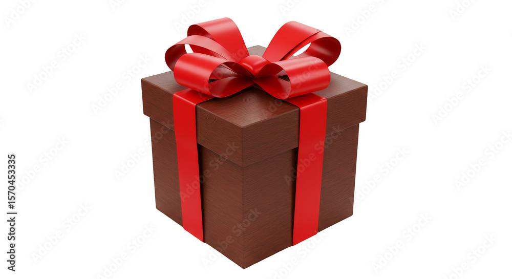 Fototapeta premium 3D Render Festive Brown Gift Box with Red Ribbon Isolated