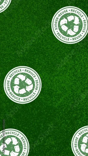 Animation of recycling symbols in circles floating on green background