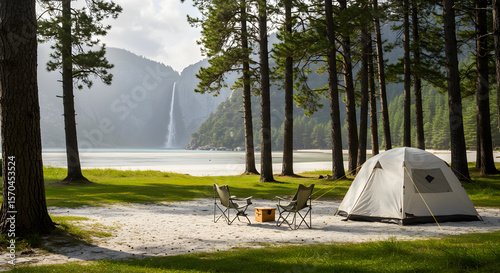 A camping tent and chairs on a white sandy field mixed with green grass, surrounded by tall pine trees, clear beach and waterfall visible in the distance, bright sky with soft cloud