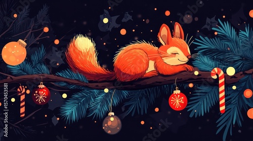 A squirrel resting on a Christmas tree branch, its surroundings decorated with festive New Year's baubles, candy canes, and tiny twinkling lights.