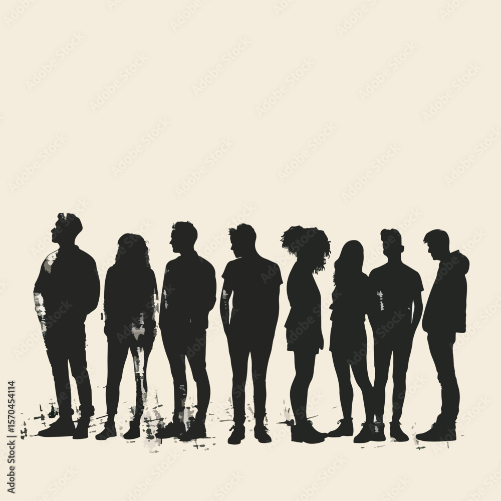 Silhouettes Group of Casual People in a Row Silhouettes Group of Casual People in a Row