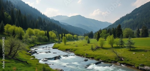 Serene minimalist spring mountain landscape with flowing river & lush green forest ,  blue,  elegant
