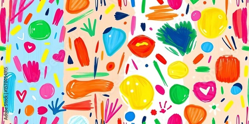 Whimsical seamless patterns featuring vibrant crayon scribbles and hand-drawn shapes in a childish style,  whimsical,  pattern set